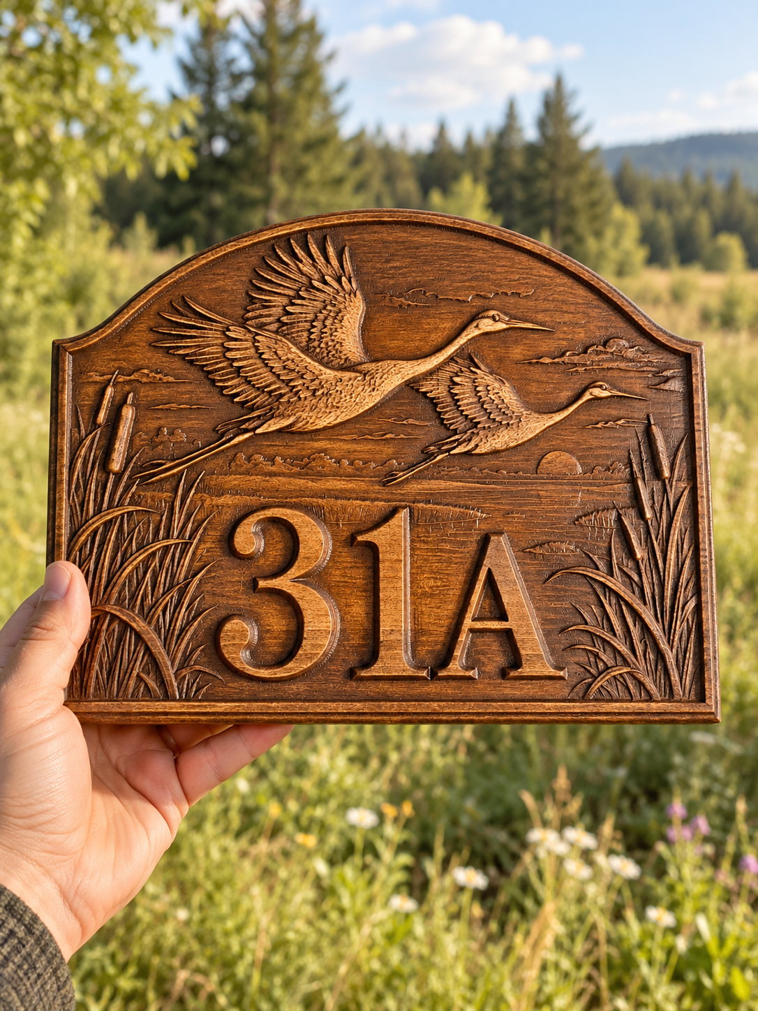 Wooden house number with cranes – facade plaque