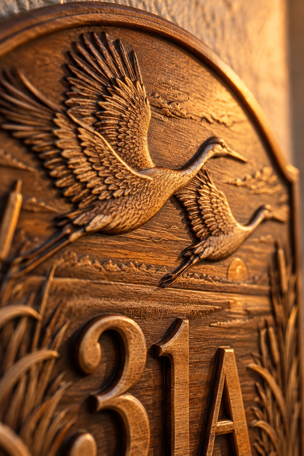 Milled, then finished by hand — Wooden house number with cranes – facade plaque