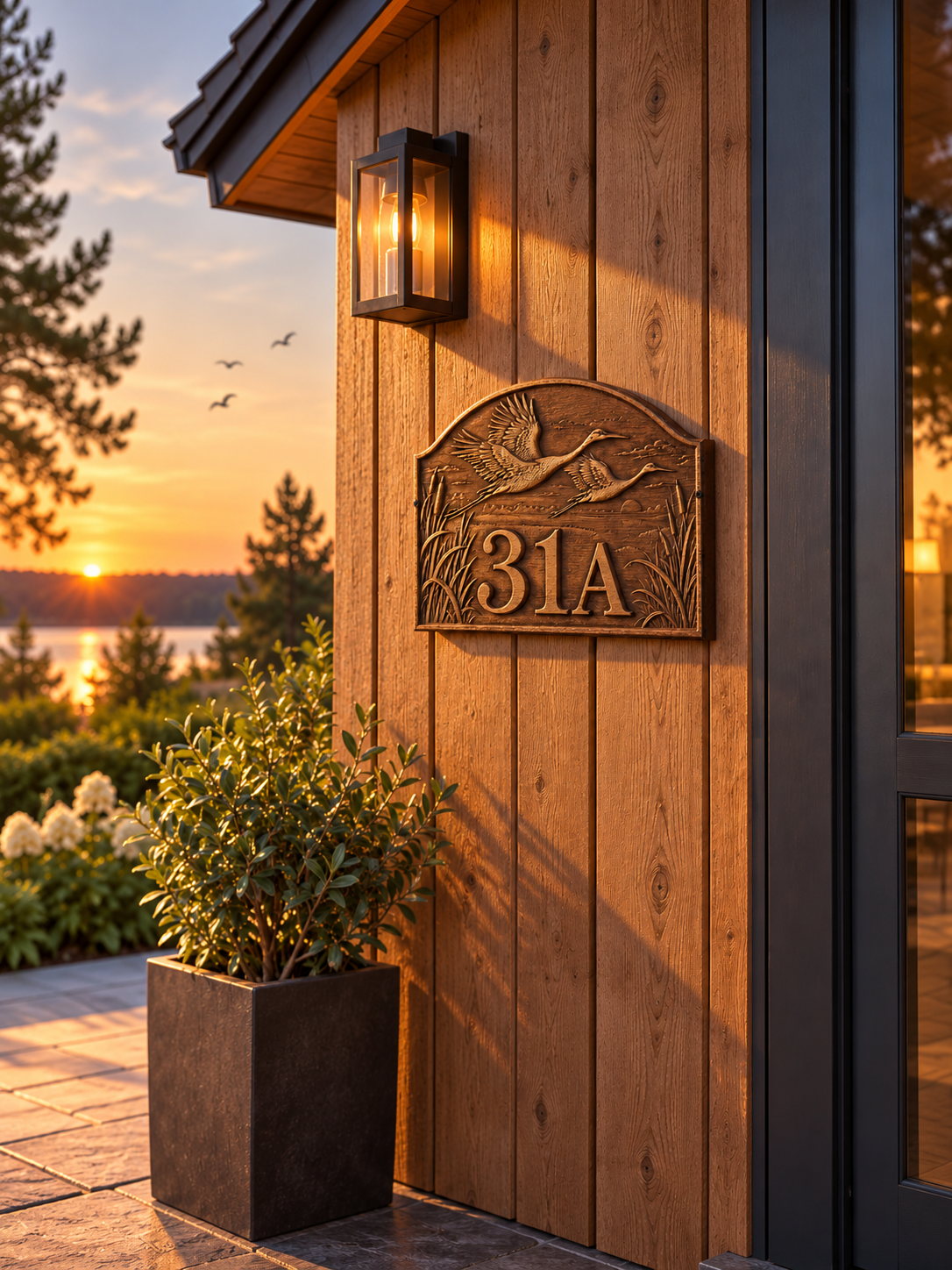 A large facade format — Wooden house number with cranes – facade plaque